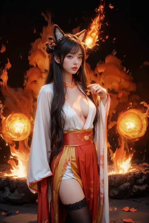 (masterpiece, top quality, best quality, official art, beautiful and aesthetic:1.2),(1girl),extreme detailed,solo,black hair,long hair,bangs,((medium breasts)),cleavage,((((hanfu)))),(((black_thighhighs))),absurdres,wallpaper,colorful,full_shot,looking_at_...