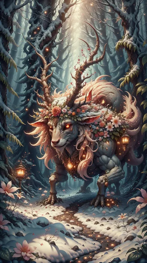 <lora:Hornyfier:0.5>Hornyfier a spring shrine with flowers blooming in the heart of a winter forest, pointy horns, <lora:ChristmasWintery:0.6> ChristmasWintery, (Masterpiece:1.3) (best quality:1.2) (high quality:1.1)