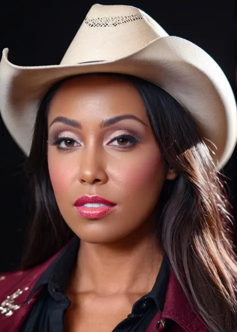 a close up of a woman wearing a hat and a black shirt