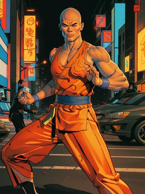 masterpiece, best quality, a professional erotic portrait photograph with vivid colors of an athletic cyberpunk shaolin monk in a kung fu stance on a busy cyberpunk street, detailed, masterpiece, absurdres, best quality, flat colors, dark <lora:clayMann-00...