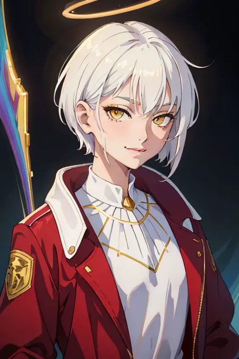 (masterpiece, best quality), intricate details, thin, ((slim)), beautiful girl, white hair, white skin,golden yellow eyes, sharp jawline, red jacket, messy hair, plump lips , smirk, rainbow colored light halo, short hair, blackhole