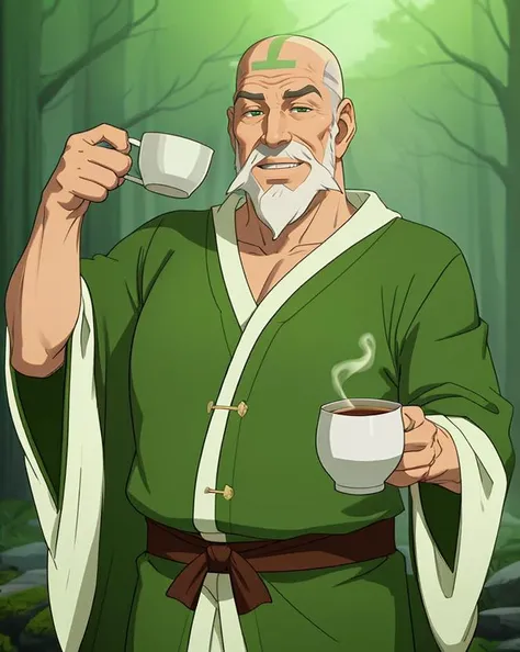 fat old man drinking tea, bald, white beard, smile, green robe, forest, cowboy shot <lora:legendOfKorraStyle-000018:0.7>