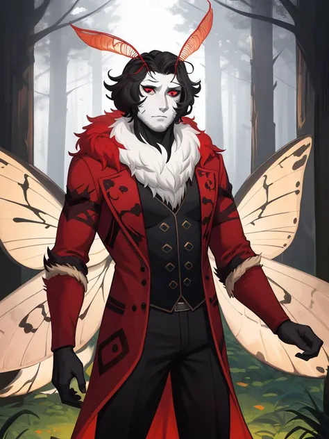 sfw, moth man, arthropod monster man, expressionless, fur trim, mature male, black sclera, red eyes, insect wings, antennae, detailed, masterpiece, absurdres, best quality, forest, cowboy shot <lora:mothGirl-000020:0.75>