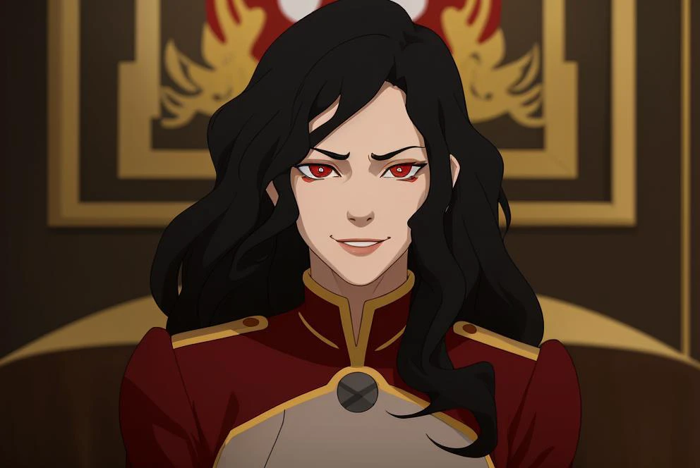 woman, long curly hair, red eyes, uniform, smirk, masterpiece, absurdres <lora:legendOfKorraStyle-000018:1>