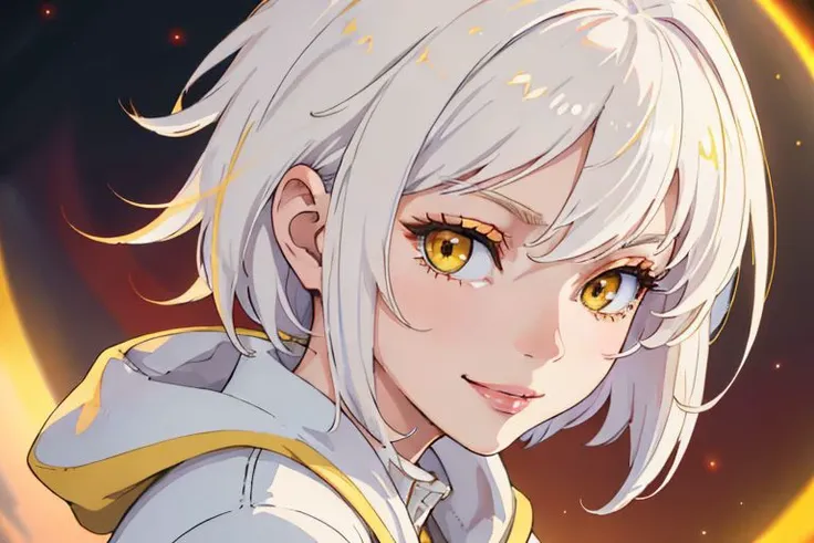 (masterpiece, best quality), intricate details, thin, ((slim)), beautiful girl, white hair, white skin,golden yellow eyes, sharp jawline, red jacket, messy hair, plump lips , smirk, rainbow colored light halo, short hair, blackhole, top dark sun