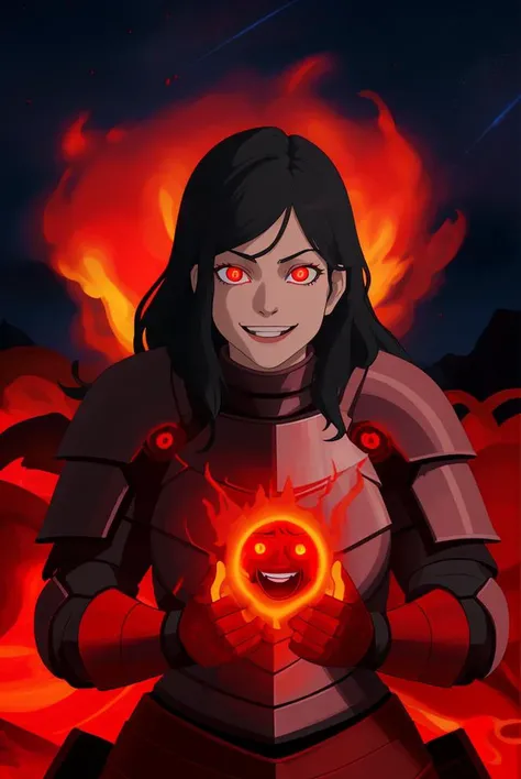 woman, engulfed in fire, armor, red glowing eyes, crazy smile, dark theme, night sky, masterpiece, absurdres, cowboy shot <lora:legendOfKorraStyle-000018:0.75>