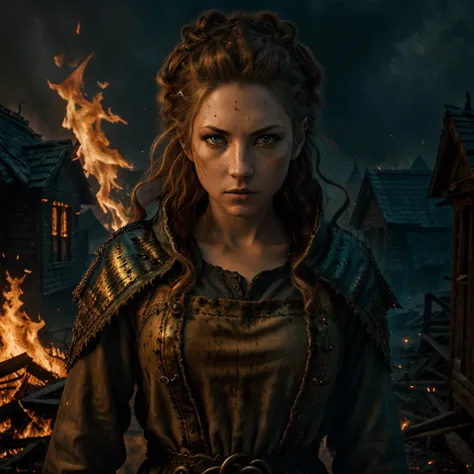 (extremely detailed 8k wallpaper)+, a medium shot photo of a kathwin demonic sorceress conjuring fire in a burning and destroyed village, detailed eyes, waist up Intricate, High Detail, dramatic, best quality masterpiece, photorealistic, detailed, 8k, HDR,...