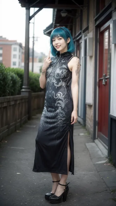 a woman with blue hair wearing a black dress and black shoes