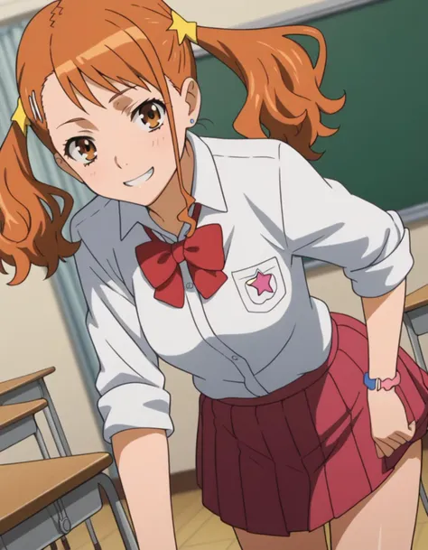 anime girl in school uniform standing in front of a chalkboard