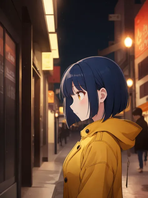 anime girl in yellow coat standing on sidewalk in city at night