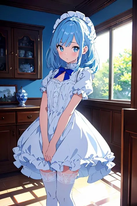 anime girl in a blue dress standing in a kitchen