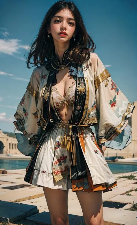 <lora:Yanxi_v1:0.8>,yanxi,1girl, breasts, solo, black hair, outdoors, jewelry, earrings, cleavage, day, bra, sky, skirt, lips, looking at viewer, blue sky, medium breasts, long hair, underwear, black eyes, red lips,frealistic, navel, white bra, long sleeve...