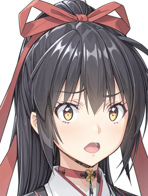 anime girl with black hair and red bow in front of white background