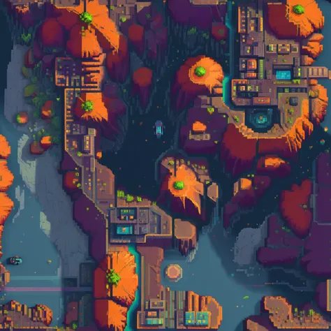 <lora:drone_photo_v1.0_XL:1> (top-down video Game:1.1), a futuristic metropolis on alien landscape is dominated by jagged, obsidian-like rock formations that jut out from the ground at odd angles, (8-bit Color Palette, Pixel Texture, Pixel Art Style:1.4), ...