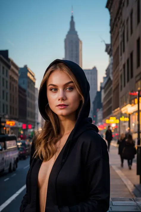 A stunning intricate full color portrait of  a beautiful woman, wearing a black hoodie, Familiar Flatiron Building, NYC, masses of tourists, full body, epic character composition,by ilya kuvshinov, alessio albi, nina masic,sharp focus, subsurface scatterin...