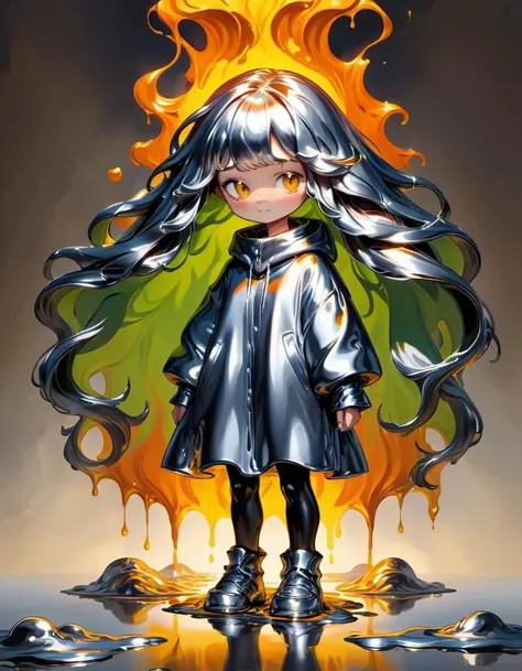 Impressionist painting cute comic, ral-chrome , female standing in molten metal, melting body, long flowing hair <lora:ral-chrome-sdxl:0.8> <lora:sdxl_cute_social_comic-000002:0.8> . Loose brushwork, vibrant color, light and shadow play, captures feeling o...