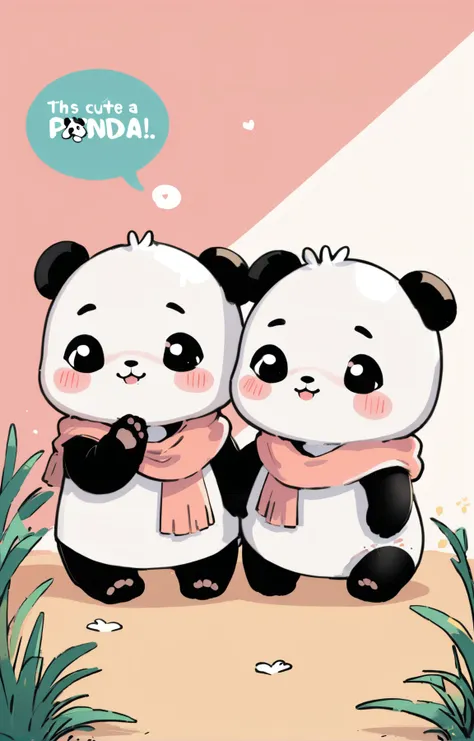 two panda bears are standing next to each other in a field