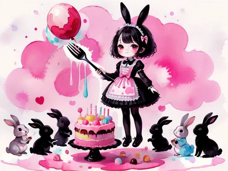 A girl in a gothiclolita dress holding a giant fork, in a world of (floating:1.1) cake and candy, cute bunnies and happiness, pink theme with bright colours <lora:sdxl_cute_social_comic:0.5> cute comic <lora:Aether_Watercolor_and_Ink_v1_SDXL_LoRA:0.8> wate...