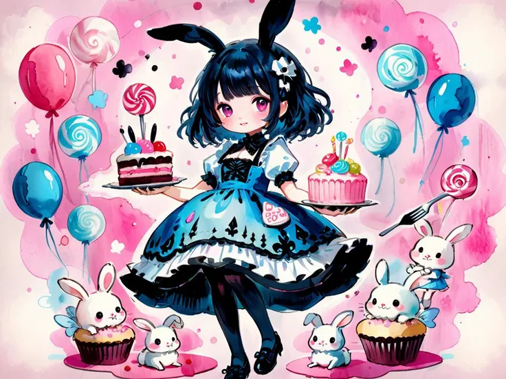 Fairy tale aesthetic style, A girl in a blue gothiclolita dress holding a giant fork, in a world of (floating:1.1) cake and candy, cute bunnies and happiness, pink theme with bright colours, <lora:sdxl_cute_social_comic:0.5> cute comic, <lora:Aether_Waterc...