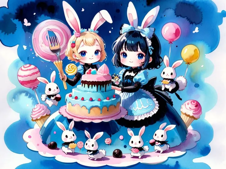 Fairy tale aesthetic style, A girl in a blue gothiclolita dress holding a giant fork, in a world of (floating:1.1) cake and candy, cute bunnies and happiness, pink theme with bright colours, <lora:sdxl_cute_social_comic:0.5> cute comic, <lora:Aether_Waterc...