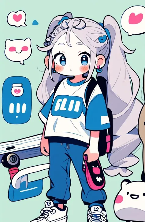 masterpiece, best quality
cute doodle, 1girl, shirt, pants, shoes, white shirt, solo, short sleeves, earrings, long hair, skateboard, backpack, white footwear, speech bubble, jewelry, twintails, standing, english text, full body, blush, bag, grey hair, pri...