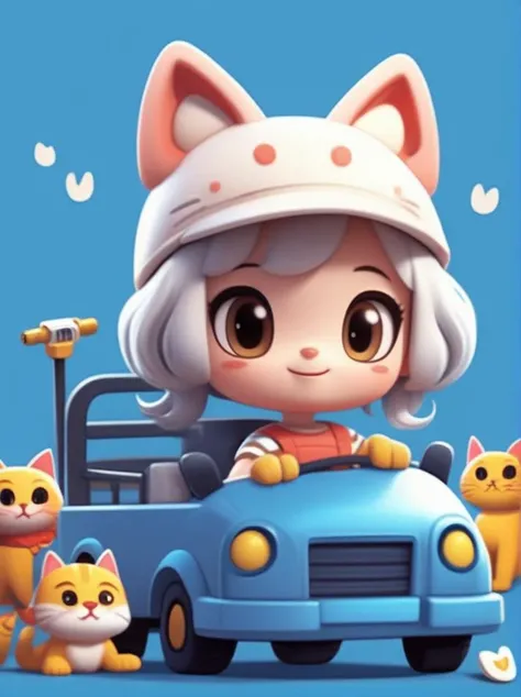 cute comic, 1girl, overalls, shirt, cat, smile, white hair, solo, short sleeves, sitting truck, weapon, hat, blue background, animal hat, shoes, black footwear, white cat, short hair, striped, looking at viewer, red shirt, striped shirt, too many, ground v...