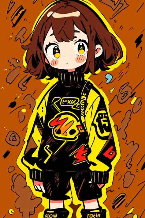 masterpiece, best quality, 4k resolution, 1girl, graffiti style, cute doodle, doodle style, brown hair, short hair, yellow eyes, turtleneck, black techwear Clothing, sneackers, in full height, In full body, standing, black background, lightning on backgrou...