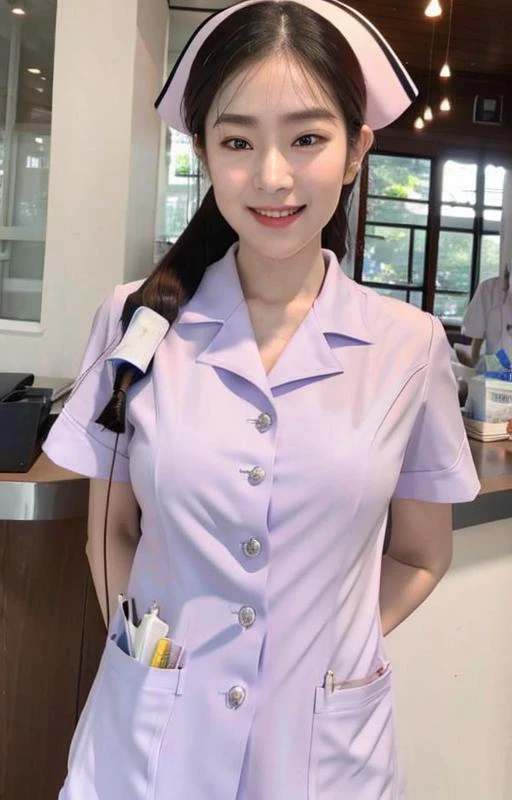 ((irene1)) , <lora:irene_V70:0.5>
Nurse, Thai Nurse sit in coffee shop, (smile:1), (rim light), <lora:thaiNurse_thaiNurse:0.8>
long hair, large breasts ,
detailed beautiful face ,
highly detail face , 
beautiful white shiny humid skin ,