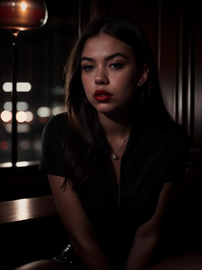 a woman sitting on a bench in a dark room with a lamp