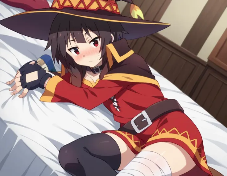 anime girl in a witch costume laying on a bed with a bird on her arm