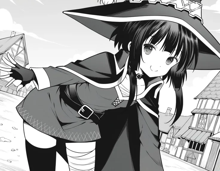 anime girl in a witch costume holding a kite in a town