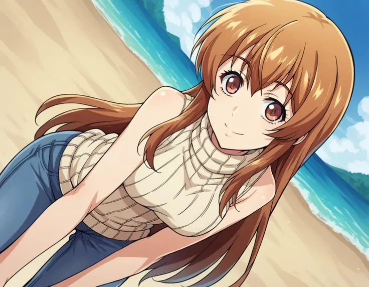 anime girl laying on the beach with her legs crossed