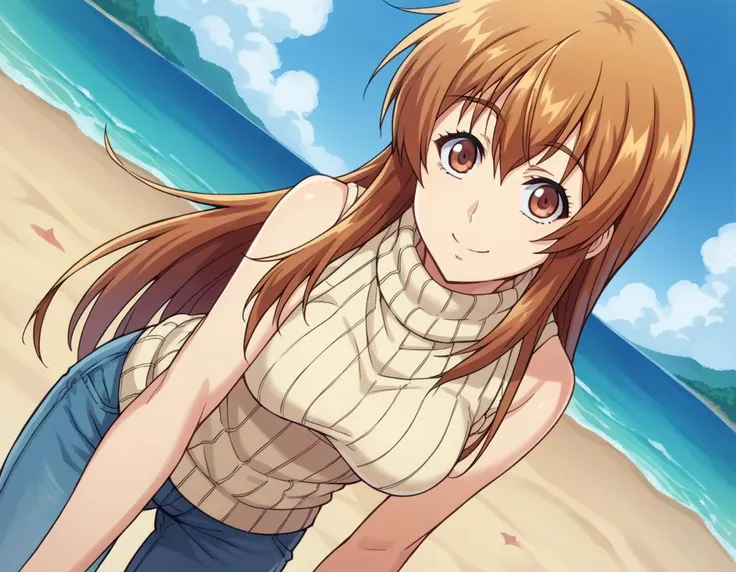 anime girl standing on the beach with her hands in her pockets