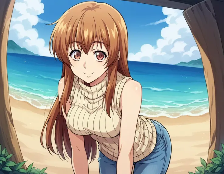 anime girl with long brown hair and blue jeans on the beach