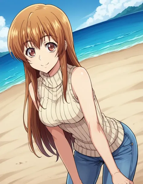 anime girl with long brown hair and blue jeans on the beach