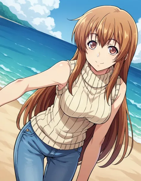 a woman in a white shirt and jeans standing on a beach