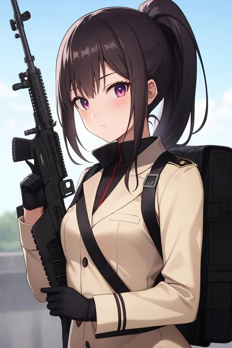 1girl, folded_ponytail, gloves, gun, military, military_uniform, rifle, sky, solo, upper_body, weapon
looking at viewer, masterpiece, best quality,