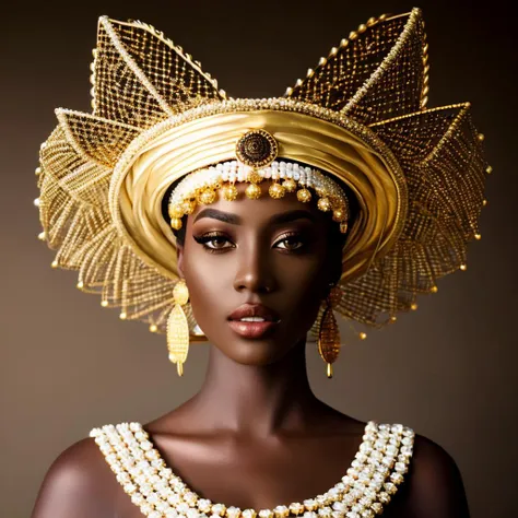 a woman with a gold headdress and pearls on her head