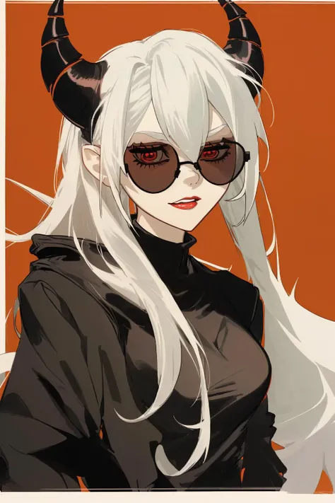 horned young woman with white hair, in black sunglasses, in red shirt and black jacket, <lora:the_coffin_of_andy_and_lesley:0.8> tcoaal style