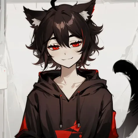 tcoaal, white outline, monochrome,  <lora:the_coffin_of_andy_and_lesley:0.8>, upper body, smile, half-closed eyes, guy, short dark brown hair, red eyes, gray hoodie, ahoge, cat ears