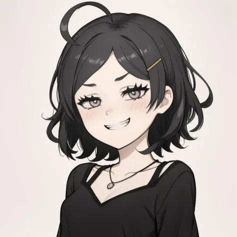 a cartoon girl with black hair and a black dress