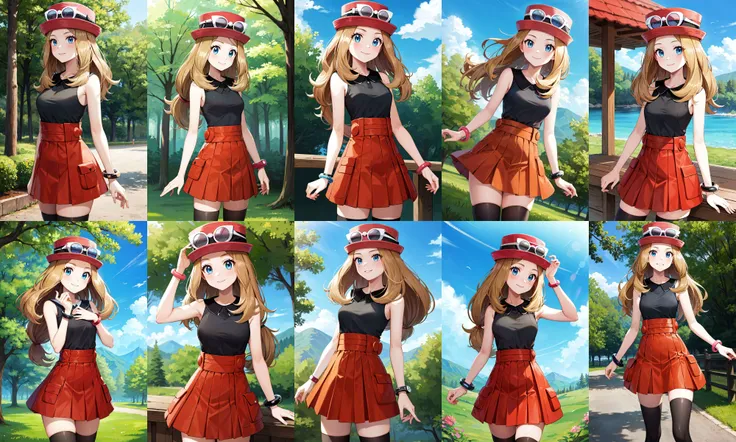 masterpiece, best quality, highres, aaserena, solo, long hair, eyewear on headwear, pink headwear, eyelashes, blue eyes, sleeveless shirt, black shirt, bracelet, high-waist skirt, red skirt, black thighhighs, <lora:serena_(pokemon)_v2:0.7>, standing, cowbo...