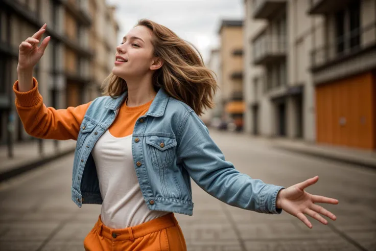 photo of a 18 year old girl,dancing,happy,denim jacket,(orange sweater:1.2),denim pants,floating hair,ourtoor,windy,ray tracing,...