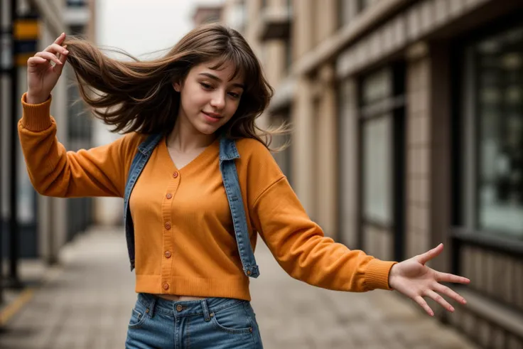 photo of a 18 year old girl,dancing,happy,denim jacket,(orange sweater:1.2),denim pants,floating hair,ourtoor,windy,ray tracing,detail shadow,shot on Fujifilm X-T4,85mm f1.2,sharp focus,depth of field,blurry background,bokeh,motion blur,<lora:add_detail:1>...