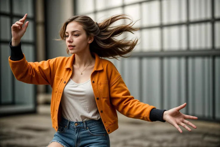 photo of a 18 year old girl,dancing,happy,denim jacket,(orange sweater:1.2),denim pants,floating hair,ourtoor,windy,ray tracing,...