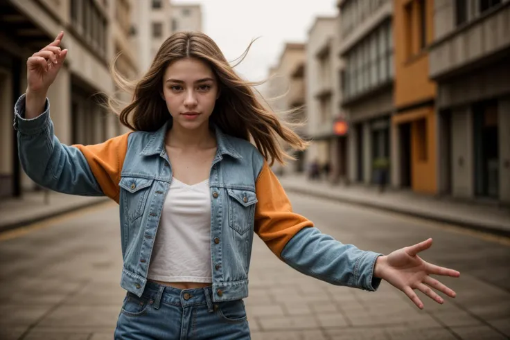 photo of a 18 year old girl,dancing,happy,denim jacket,(orange sweater:1.2),denim pants,floating hair,ourtoor,windy,ray tracing,...