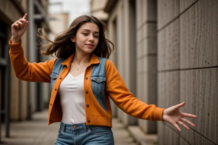 photo of a 18 year old girl,dancing,happy,denim jacket,(orange sweater:1.2),denim pants,floating hair,ourtoor,windy,ray tracing,...