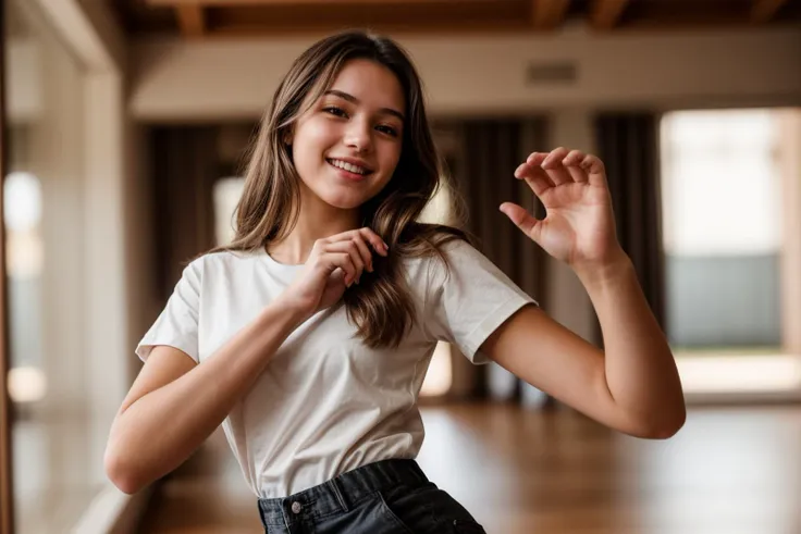 photo of a 18 year old girl,dancing,happy,shirt,pants,ray tracing,detail shadow,shot on fujifilm x-t4,85mm f1.2,depth of field,b...