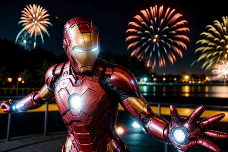 marvel movies,photo of a 18 year old girl,ironman,dancing,happy,outdoor,windy,themepark,night,firework,ray tracing,detail shadow...