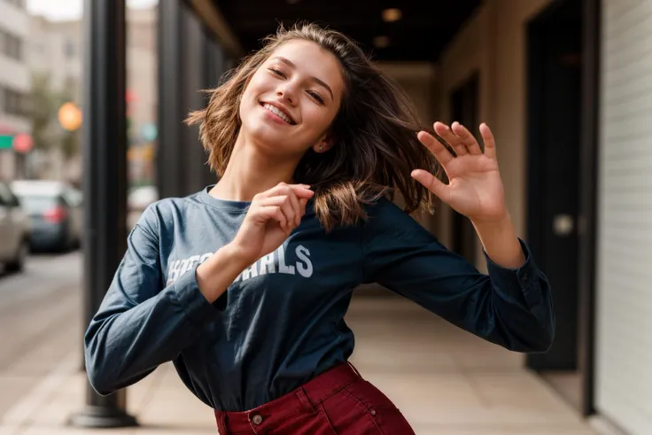 photo of a 18 year old girl,dancing,happy,shirt,pants,ray tracing,detail shadow,shot on fujifilm x-t4,85mm f1.2,depth of field,b...